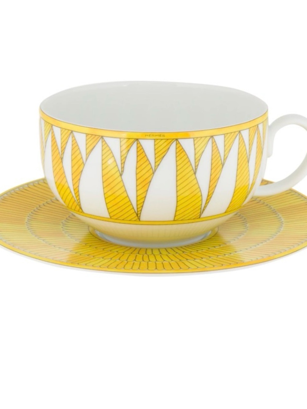 Hermes Yellow and White Porcelain Teacup with Gold Trim